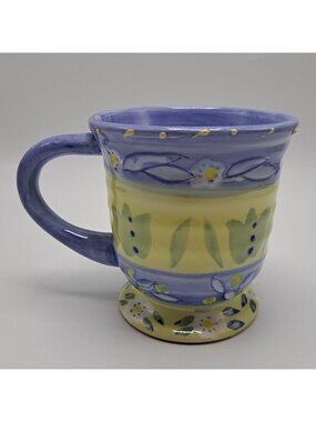 Les Fleurs Coffee Mug Cup Hand Painted Floral Yellow Blue 20 Oz